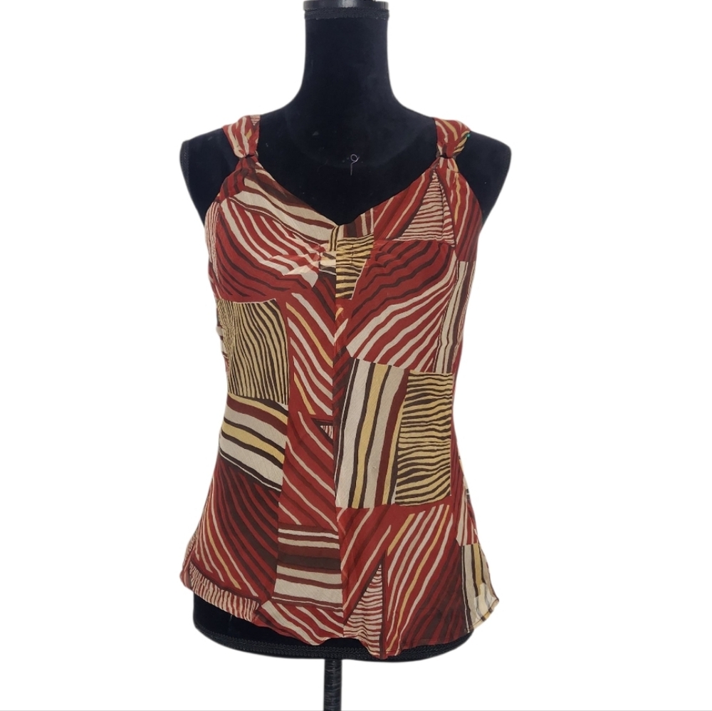 Alfani Silk Wood Bead Red Brown Safari Sleeveless Blouse